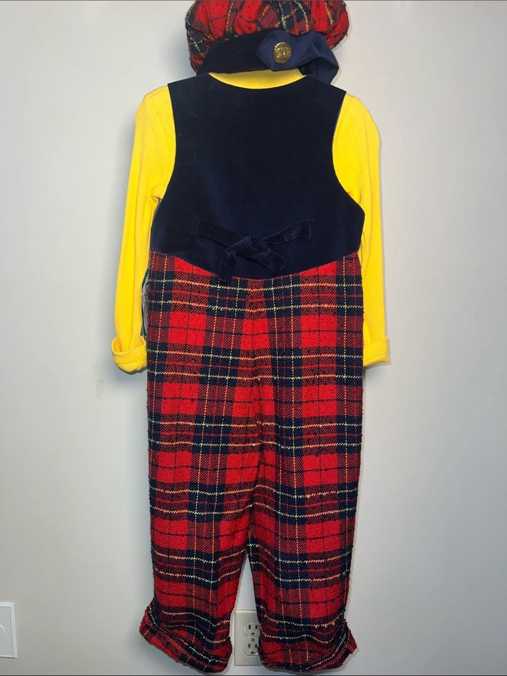 Kids Vintage Plaid Red & Navy Jumpsuit with Yellow Top And Matching Hat